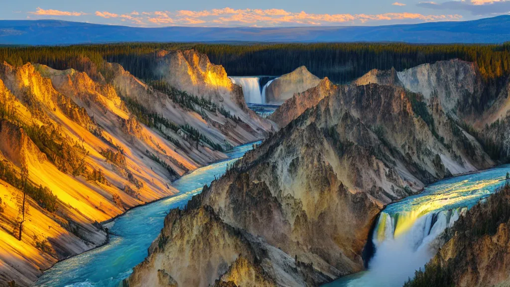 Prompt: Yellowstone river valley, lower falls, medium format digital camera, golden hour, photorealistic