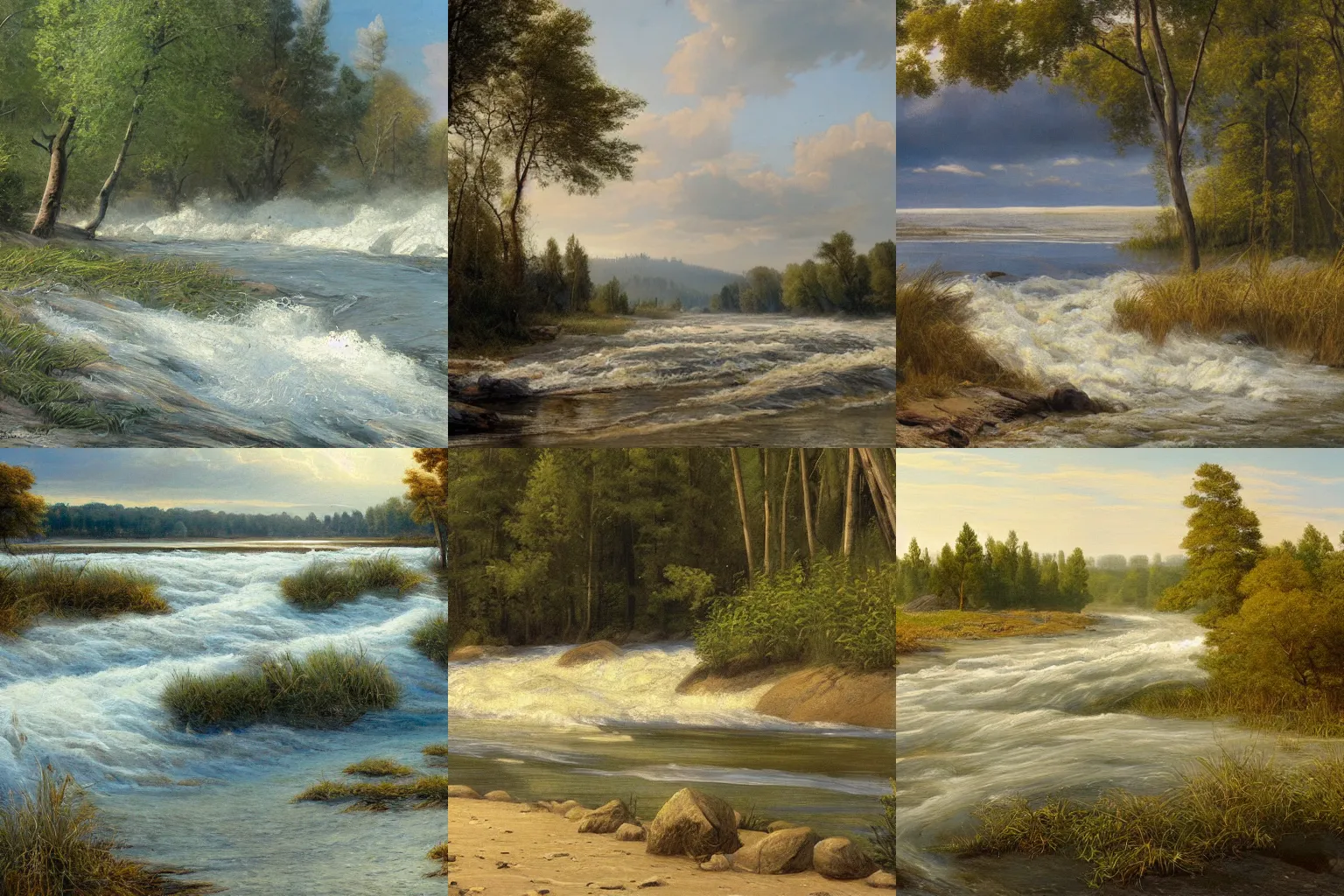 Prompt: raging waters of the riverbank, upclose on the beach of the river, nothing but smooth flat sand and waterlandscape, beautiful artwork by ivan shishkin, featured on artstation, cgsociety, detailed —width 768