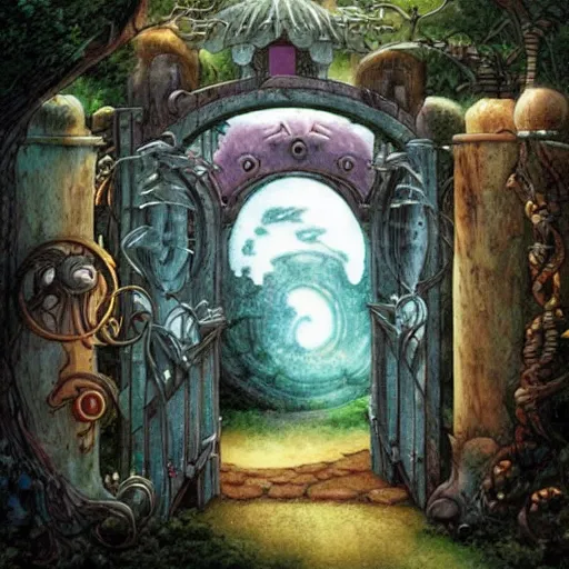 Prompt: gate portal with another world visible inside style studio ghibli and Gerald Brom, sprites flyng inside, dreamy, mystical, dark