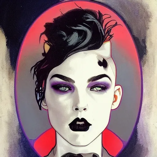 Image similar to beautiful portrait of androgynous ruby rose as desire from sandman in a white tuxedo!!!, rockabilly style,, by alphonse mucha, by jeremy mann, by peter lindbergh, dave mckean, by frank moth, by cedric peyravernay, white suit and black tie, soft lightning, high detailed, 8 k