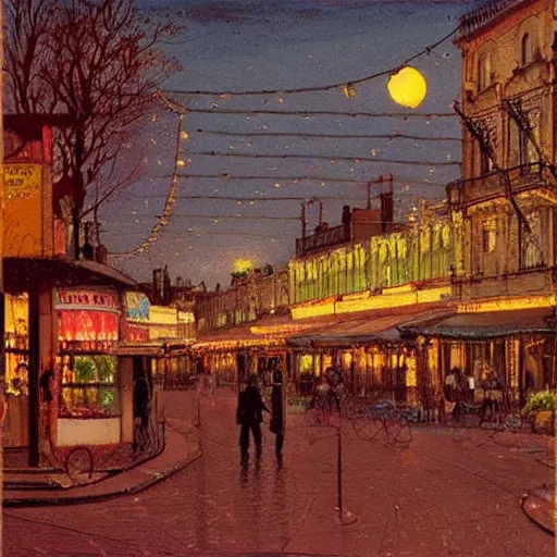 Prompt: Lygon Street, Carlton at night in the style of John Atkinson Grimshaw