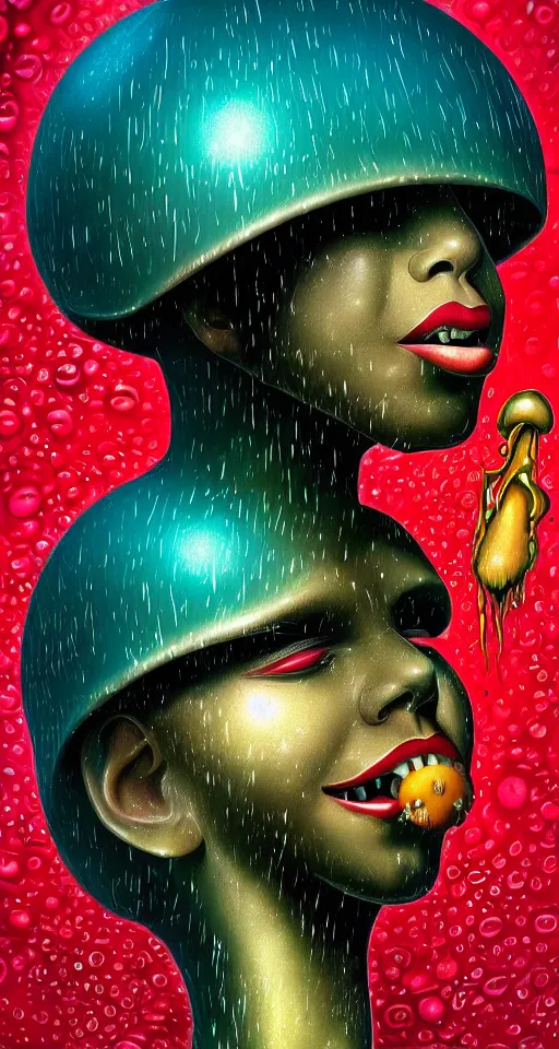 Image similar to art deco close up portait of mushroom head with big mouth surrounded by spheres, rain like a dream digital painting curvalinear fluid lines cinematic dramatic otherworldly vaporwave interesting details epic composition by artgerm basquiat