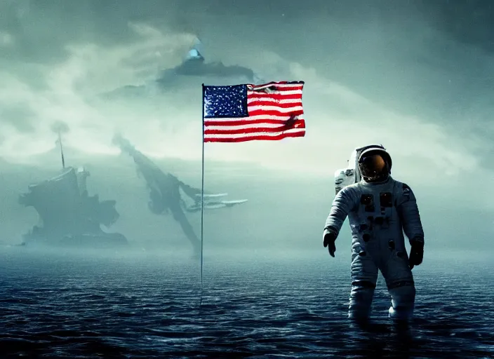 Image similar to astronaut holding a flag in an underwater desert. a submarine is visible in the distance. dark, concept art, cinematic, dramatic, atmospheric, 8 k, trending on artstation, blue, fish, low visibility, fog, ocean floor, christopher nolan, interstellar