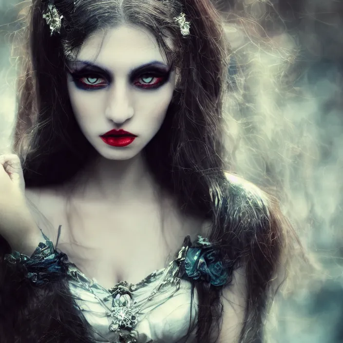 Prompt: portrait photograph of an extremely beautiful!!!! vampire queen, looking at the camera!!. super resolution. Extremely detailed. Graflex camera!, bokeh!!!!! trending on artstation.