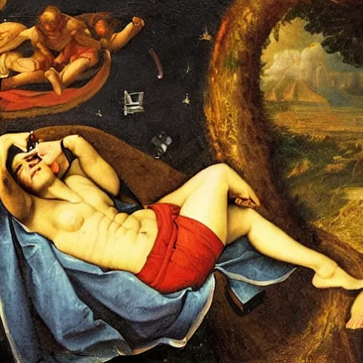 Prompt: a renaissance oil painting of an astronaut sunbathing