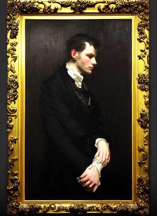 Image similar to highly detailed oil painting | very intricate | cinematic lighting | black, white and gold color scheme, dark background | a man dressed by alexander mcqueen | by roberto ferri, by gustav moreau, by singer sargent and klimt, american romanticism, occult art | by austin osman spare, artstation, cgsociety, official art, octane