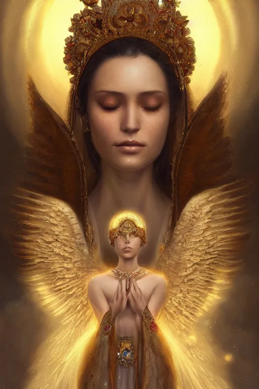 Image similar to A beautiful digital painting of a female Seraphim, intricate jewels, princess, the sun behind her, intricate, cinematic lighting, highly detailed, digital painting, Artstation, concept art, smooth, sharp focus, illustration, art by Tom Bagshaw, Artgerm and Greg Rutkowski