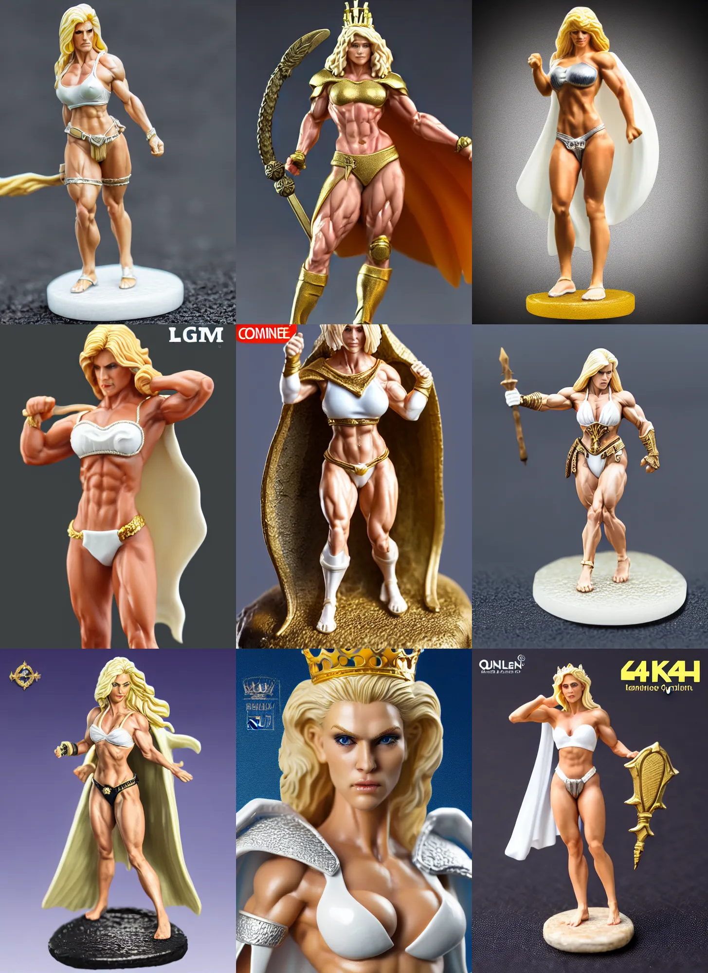 Prompt: 80mm resin detailed miniature of a Very Muscular Queen, long white cape, bikini-armor, very short blonde hair, on textured disc base, Company logo in upper left corner; Miniature product Photo, 4K, Full body