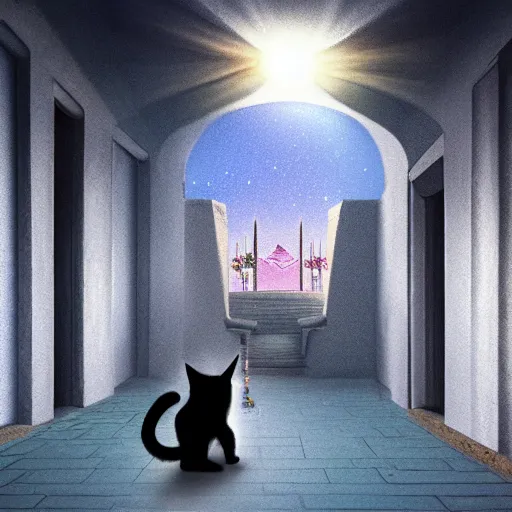 Image similar to a cat that is walking down a hallway, egyptian art by hanns katz, pixabay contest winner, magical realism, anamorphic lens flare, storybook illustration, matte painting