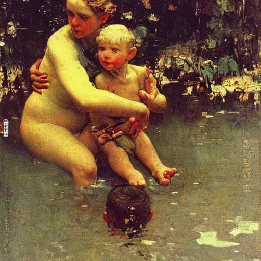 Image similar to a guardian Angel saving a little boy from drowning. Ilya Repin. Norman Rockwell. Masterpiece. Rule of thirds.