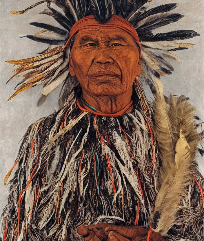 Image similar to full body shot picture of indigenous people leader in canyon, painted by lucian freud, intricate costume design, beautiful feathers, hd, super detailed, realistic, muted colors