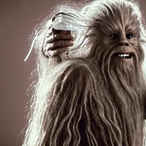 Image similar to gandalf as chewbacca, shampoo commercial, shampoo advertisement