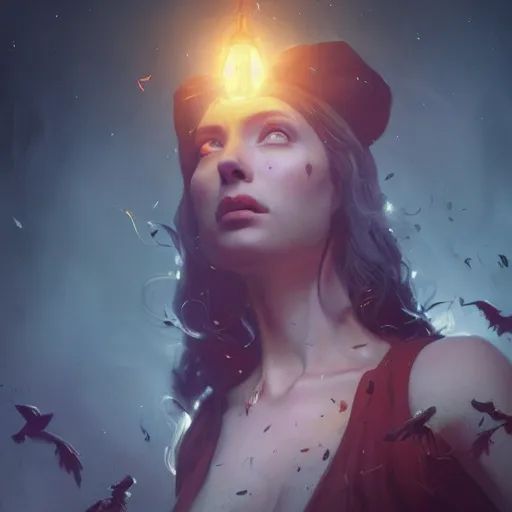 Prompt: Portrait of a gorgeous witch surrounded by magic and energy, sharp, 4k, cinematic lighting, in the style of Greg Rutkowski and James Gurney