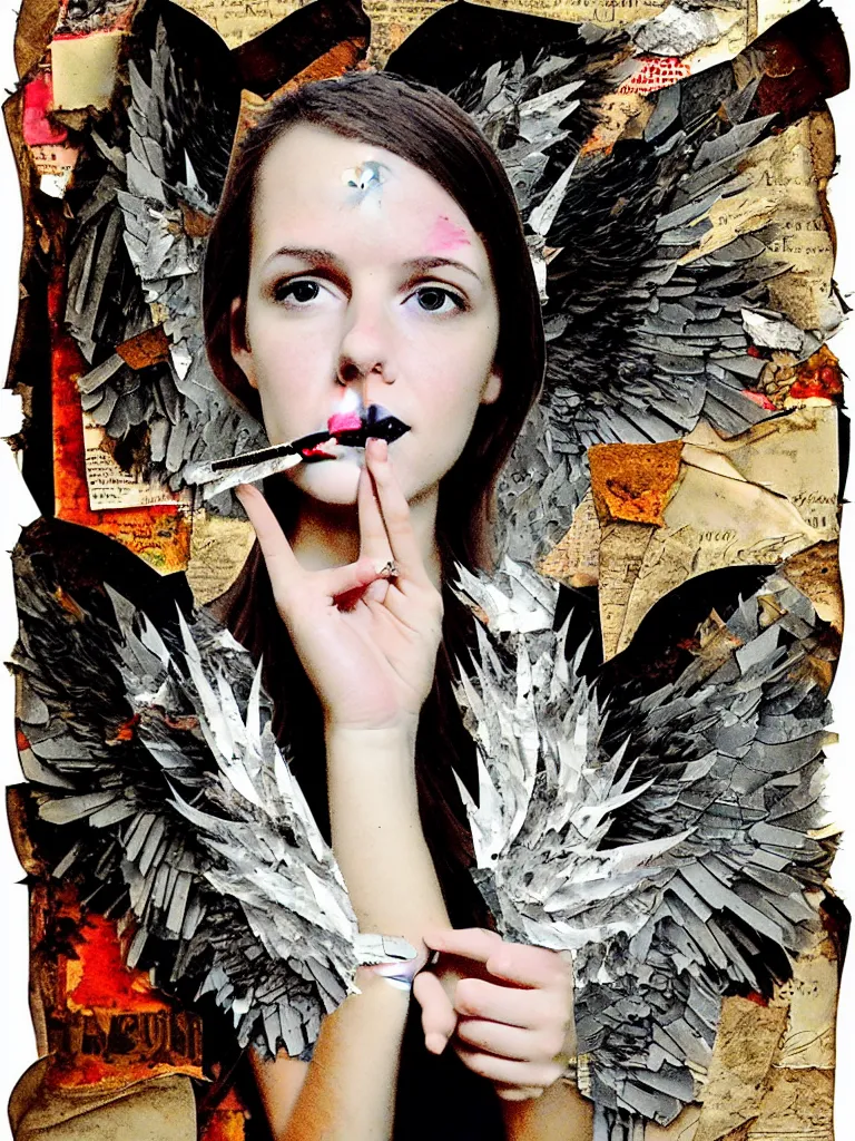 Image similar to a young adult angelgirl smoking a cigarette and ratty feathered angel wings, stressed and burnt out, collage effect, collaged, torn paper, torn paper collage, overexposure, overexposed, high exposure