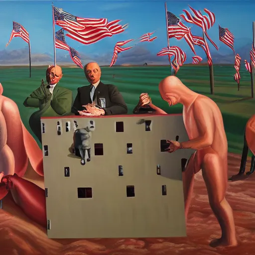 Image similar to oil on canvas portrayal of hypernormalization in America, surreal