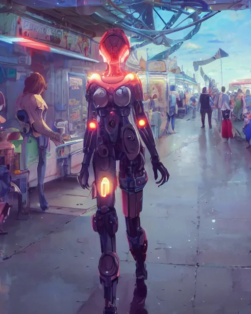 Image similar to a cyborg walking into a county fair. Anime. Soft lighting, 8K, octane render. By Makoto Shinkai, Stanley Artgerm Lau, WLOP, Rossdraws, James Jean, Andrei Riabovitchev, Marc Simonetti, krenz cushart, Sakimichan, D&D trending on ArtStation, digital art.