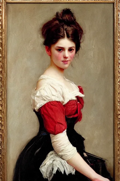 Image similar to Louis Marie De Schryver and Solomon Joseph Solomon and Richard Schmid and Jeremy Lipking victorian genre painting full length portrait painting of a young beautiful woman traditional german french barmaid in fantasy costume, red background