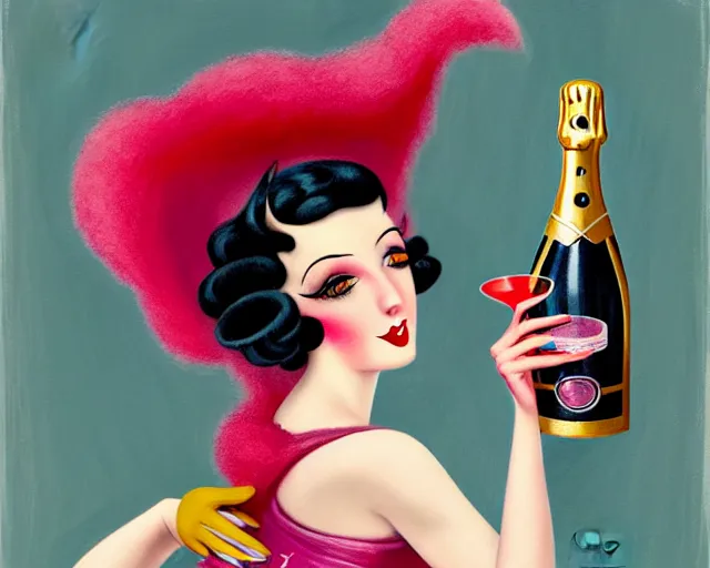 Image similar to a 1 9 3 0 s cancan dancer with a big bottle of champagne in art deco style, nicoletta ceccoli, mark ryden, lostfish, max fleischer, hyper realistic, artstation, illustration, digital paint, matte paint, vivid colors, bright, cheerful, detailed and intricate environment