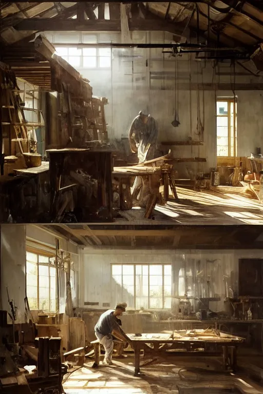 Image similar to simple craftsman fine woodworker building a wooden table in their well lit clean open workshop, art by anders zorn, wonderful masterpiece by greg rutkowski, beautiful cinematic light, american romanticism thomas lawrence, greg rutkowski