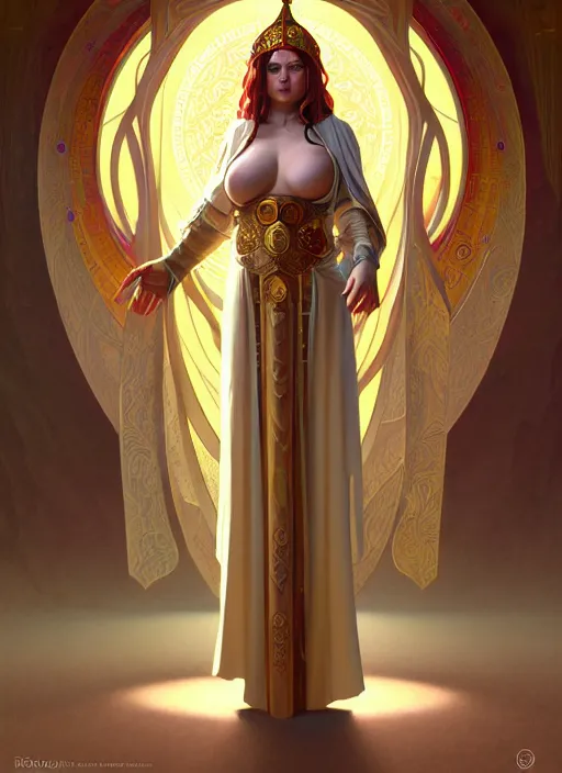 Image similar to portrait of a full body of curvy young female solarpunk priestess in byzantine robes, fantasy, flat lighting, intricate, highly detailed, digital painting, artstation, concept art, smooth, sharp focus, illustration, art by simon bisley and greg rutkowski and boris vallejo and alphonse mucha, natural tpose