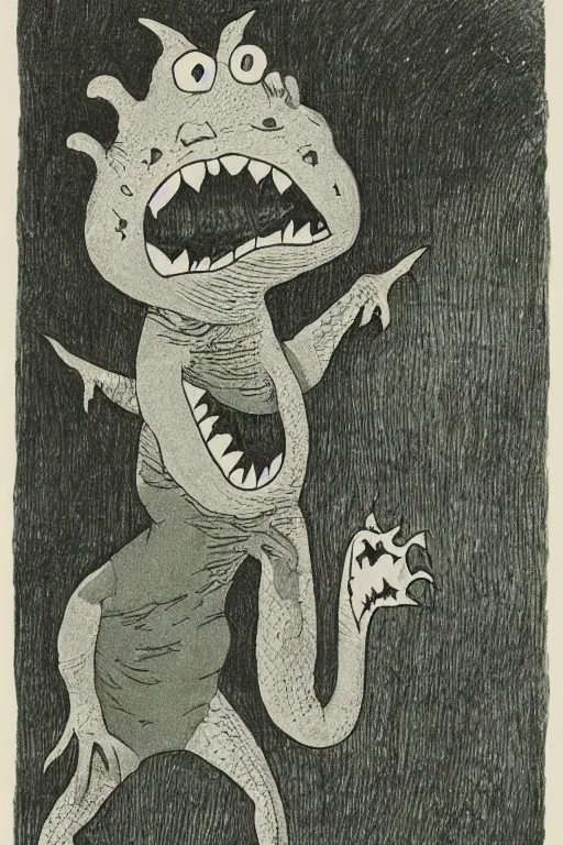 Image similar to an angry lizard, by maurice sendak