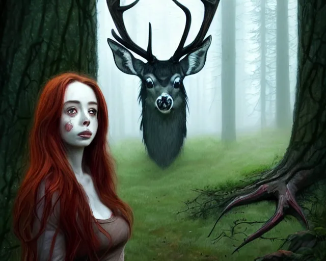 Image similar to surrounded by trees, realistic character concept, gorgeous Kacey Rohl, red hair, small freckles, symmetrical face, symmetrical eyes, full body, covered in blood, dark forest, trees, shorter neck, cinematic lighting, Joshua Middleton and artgerm, Wendigo creature with antlers and a deer skull face lurking in the background, fear anxiety terror