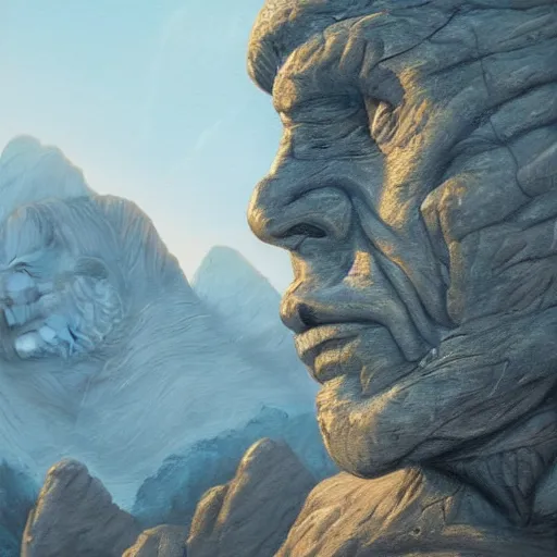 Image similar to highly detailed professional landscape painting of alien bust carved into the mountains in the style of mount rushmore, trending on artstation, ultra detail, atmospheric lighting, sci - fi, futuristic, cyberpunk