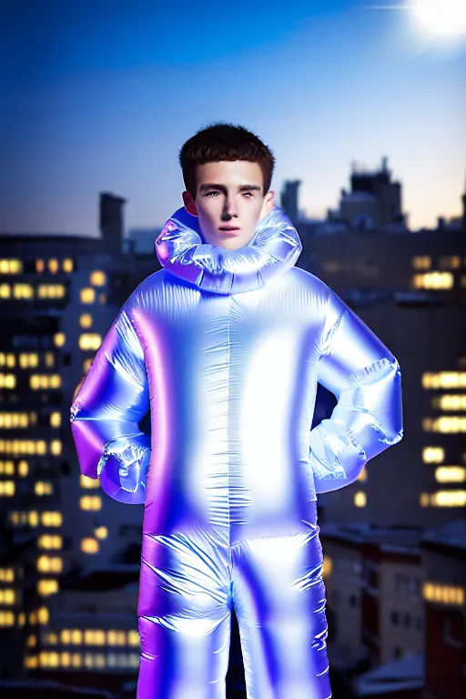 Image similar to un ultra high definition studio quality photographic art portrait of a young man standing on the rooftop of a british apartment building wearing soft baggy inflatable padded silver iridescent pearlescent clothing. three point light. extremely detailed. golden ratio, ray tracing, volumetric light, shallow depth of field. set dressed.