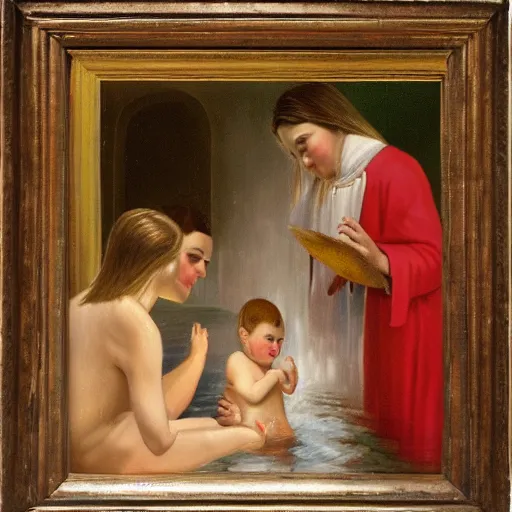 Prompt: a child being baptised, oil painting