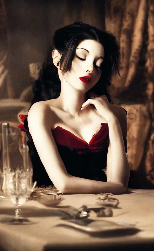 Image similar to a beautiful lady vampire falling asleep at a table, cinematic, art, epic, digital masterpiece, romantic lighting