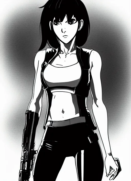 Prompt: digital pen lineart sketch of a motoko kusanagi, by gnomon