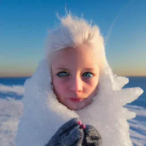 Prompt: ice dust around a frozen girl with white hair and blue eyes on the seashore, In detail, sunset