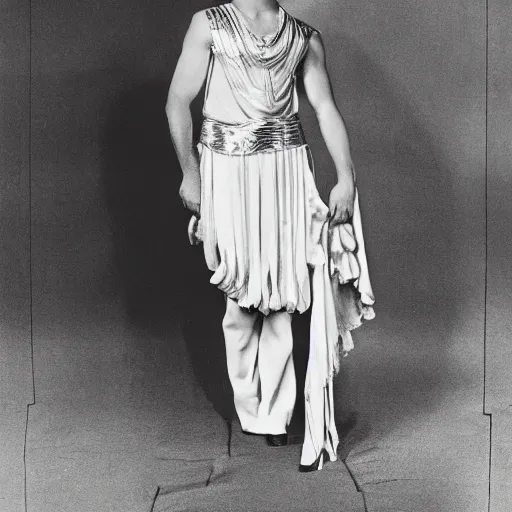 Prompt: a vintage 1 9 3 0 s kodachrome photograph of a avent - gard fashion haute couture collection opera ensemble inspired by the roman god apollo, the god of the sun.