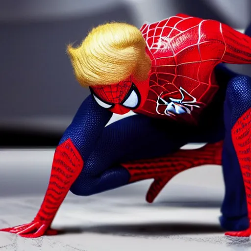 Image similar to Donald Trump in Spidermans body without mask, hyper realistic photography, 8k,