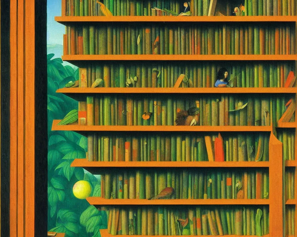 Image similar to one small bookshelf in the rainforest by raphael, hopper, and rene magritte. hyperdetailed, proportional, romantic, enchanting, achingly beautiful, graphic print, trending on artstation.