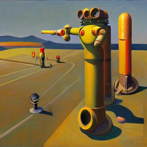 Prompt: battle robots in launch tubes, grant wood, pj crook, edward hopper, oil on canvas