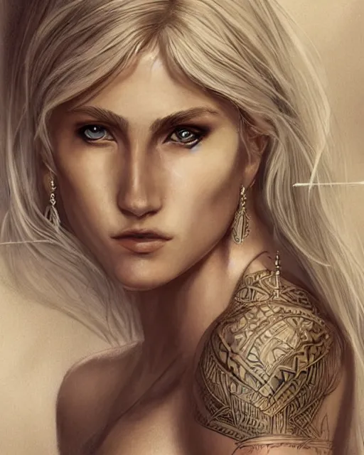 Image similar to tattoo sketch of beautiful greek goddess aphrodite with arrow earrings, beautiful piercing eyes, flowing blonde hair, realistic face, hyper realistic, in the style of greg rutkowski, fantasy, amazing detail, epic, intricate, elegant, smooth, sharp focus