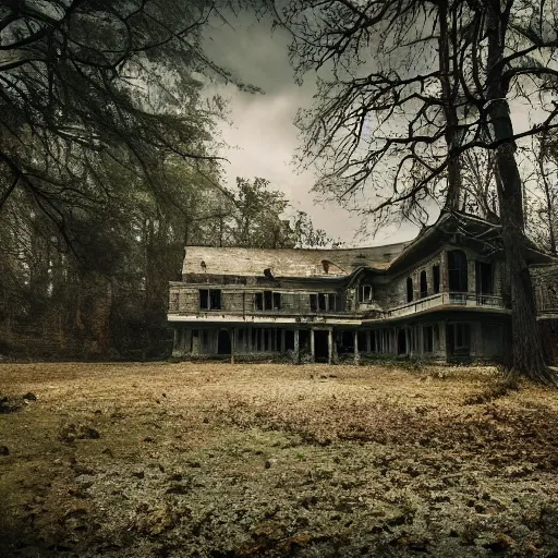 Image similar to abandoned luxury house, cinematic, filmic, photography, vignette, dark, 4 k, 8 k, ultra - hd, moody lighting, in the woods