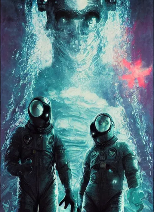 Image similar to astronauts in dark void underwater - complex and hyperdetailed technical suit. reflection and dispersion materials. rays and dispersion of light. volumetric light. f / 3 2. noise film photo. flash photography. ultra realistic, wide angle. poster by wayne barlowe, hajime sorayama aaron horkey, craig mullins