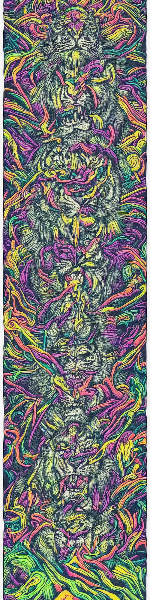 Image similar to tiger lion and bear dissolving into neon pieces, cubensis, aztec, basil wolverton, r crumb, hr giger, mc escher, dali, muted colors, muted rainbow tubing, folds and creases, hills and bumps