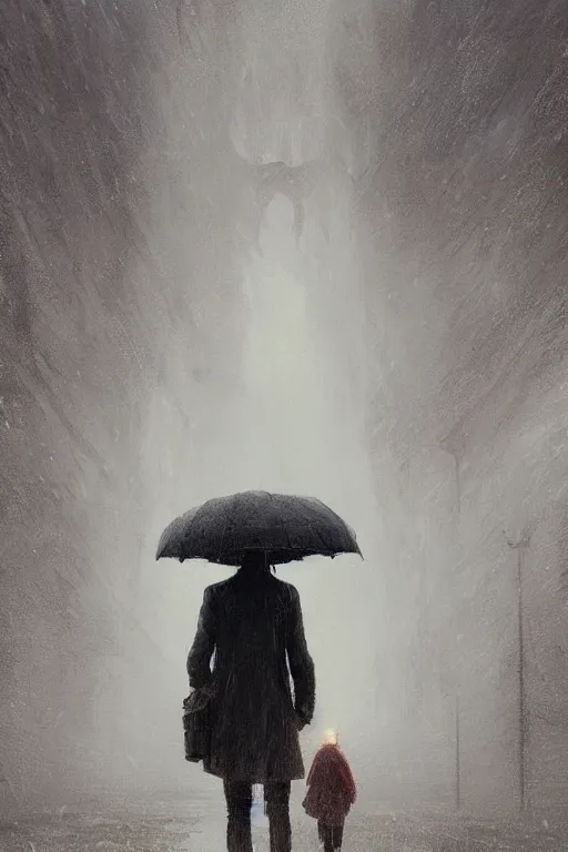 Image similar to Walking in the rain alone, illustrated by Greg Rutkowski and Caspar David Friedrich., Trending on artstation, artstationHD, artstationHQ, 4k, 8k