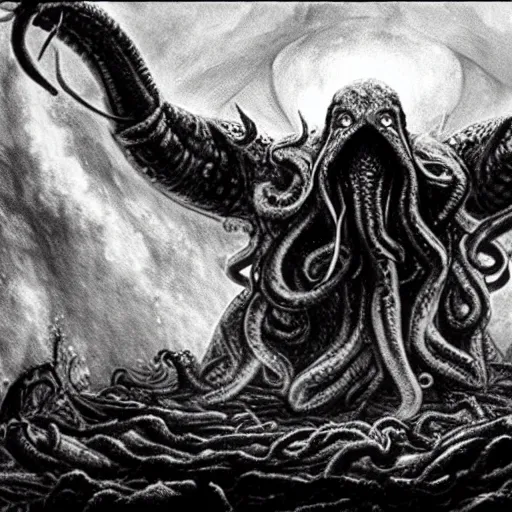 Image similar to beautiful cinematic scene of Cthulhu the cosmic god consuming the fearful people