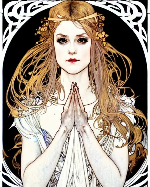 Image similar to in the style of artgerm, arthur rackham, alphonse mucha, evan rachel wood, symmetrical eyes, symmetrical face, flowing white dress