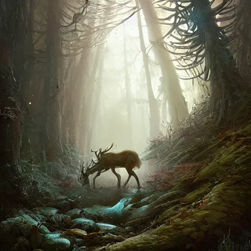 Image similar to highly detailed creepy forest creature with antlers, stephen bliss, unreal engine, fantasy art by greg rutkowski, loish, rhads, ferdinand knab, makoto shinkai and lois van baarle, ilya kuvshinov, rossdraws, tom bagshaw, global illumination, radiant light, detailed and intricate environment