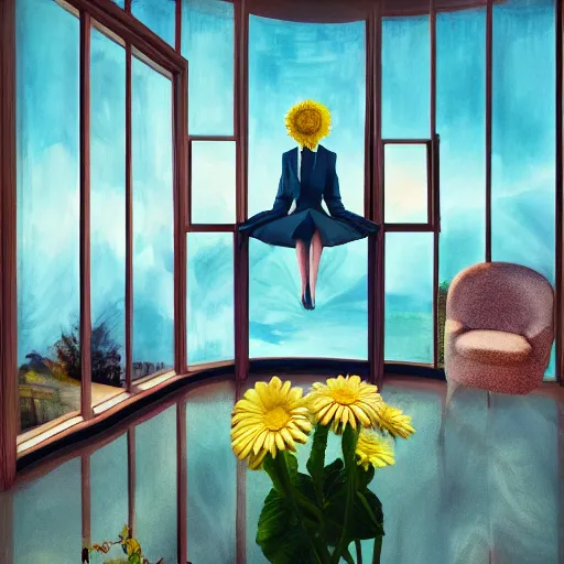 Prompt: huge daisy flower head, woman in suit, floating next to modern window in luxury apartment, surreal photography, sunlight, impressionist painting, digital painting, artstation, simon stalenhag