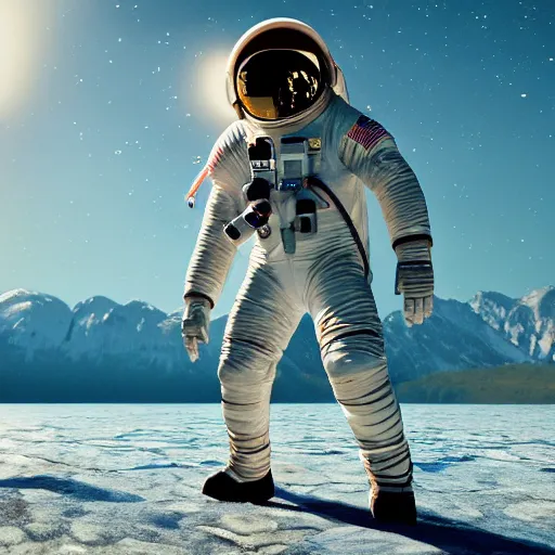 Image similar to ultra-realistic octane render of astronaut standing in the water of Lake Baikal and looking at the mountains. Trending on artstation