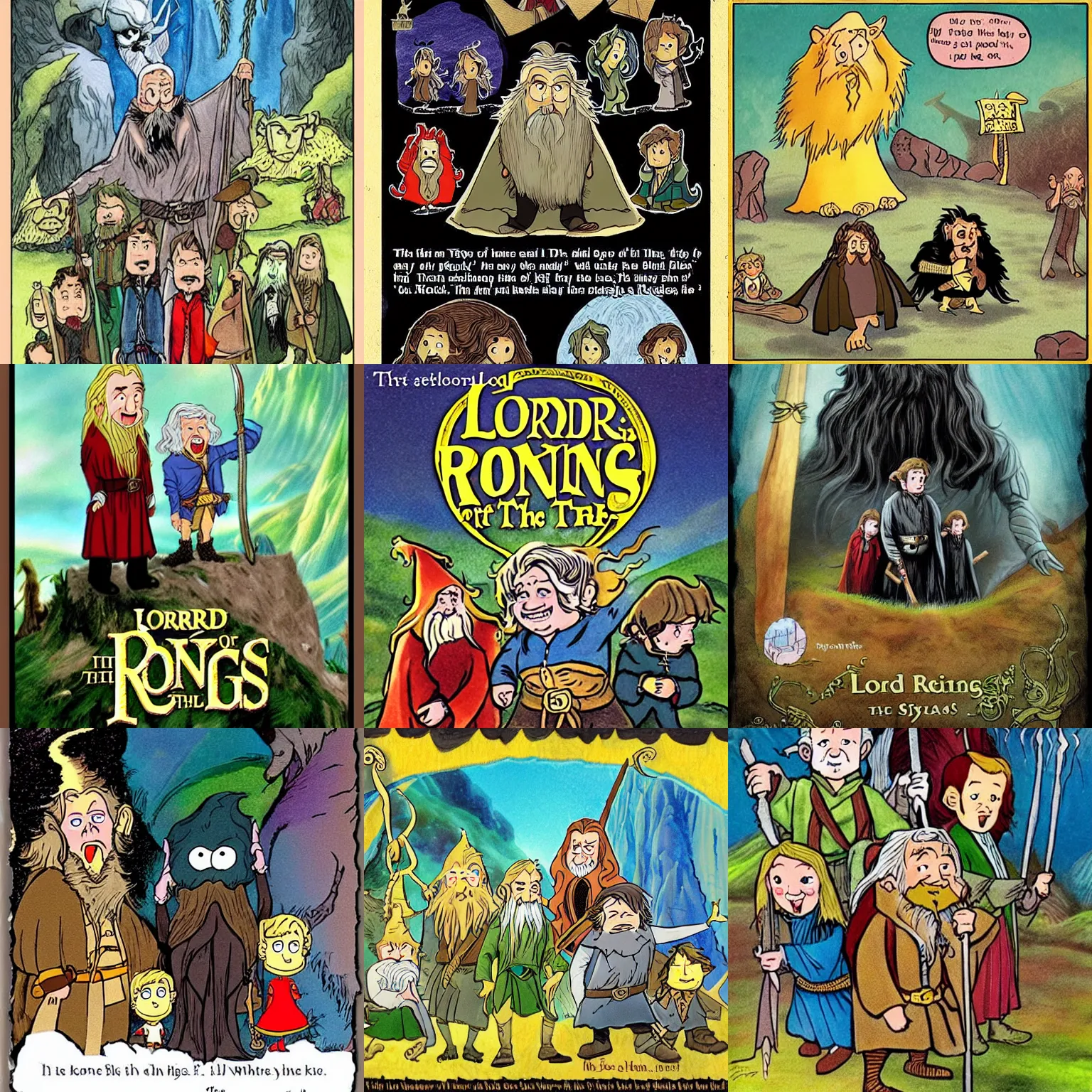 Prompt: lord of the rings movie, in the style of dr seuss childrens book,