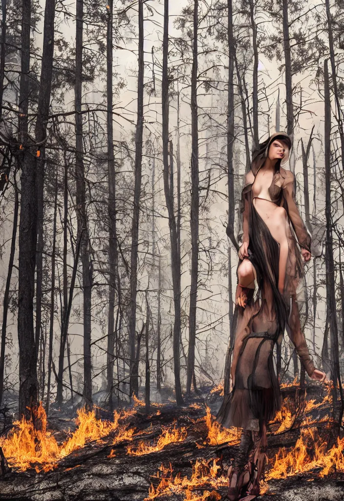 Image similar to fashion editorial in forest fire. wide angle shot. highly detailed.