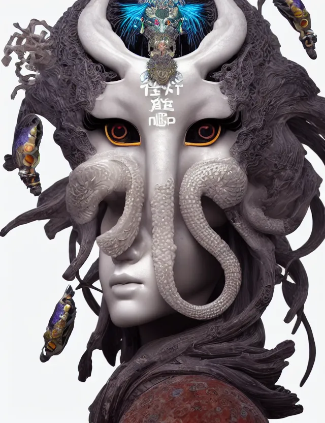 Image similar to 3 d goddess close - up frontal portrait with ram skull. beautiful intricately detailed japanese crow kitsune mask and clasical japanese kimono. betta fish, jellyfish phoenix, bio luminescent, plasma, ice, water, wind, creature, artwork by tooth wu and wlop and beeple and greg rutkowski