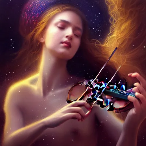 Prompt: a high quality life like portrait of a very very beautiful! celestial goddess of life playing a mystical violin and springing life into the universe, highly detailed, cinematic lighting, intricate, sharp focus, fantasy, mystical, dreamlike, exotic, realistic, by WLOP and greg rutkowski, trending on artstation